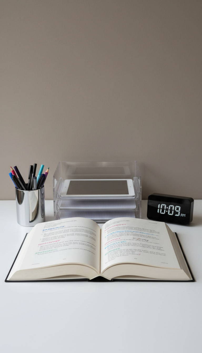 A meticulously organized desktop workspace featuring an open English textbook with crisp, cream-colored pages, highlighted keywords in pastel shades, and margin notes written in neat blue ink. Surrounding the book are geometric dividers: a chrome pen holder, a small digital clock with a clean display, and a transparent acrylic file tray. The scene is set against a matte taupe wall, bathed in diffused overcast light that softly highlights the text and objects while casting gentle, defined shadows. Captured with a sharp, eye-level perspective and balanced composition, the image evokes calm concentration, facilitating a structured study atmosphere. This photographic image has clean lines and a modern, professional edge, fitting the educational and corporate aesthetic.