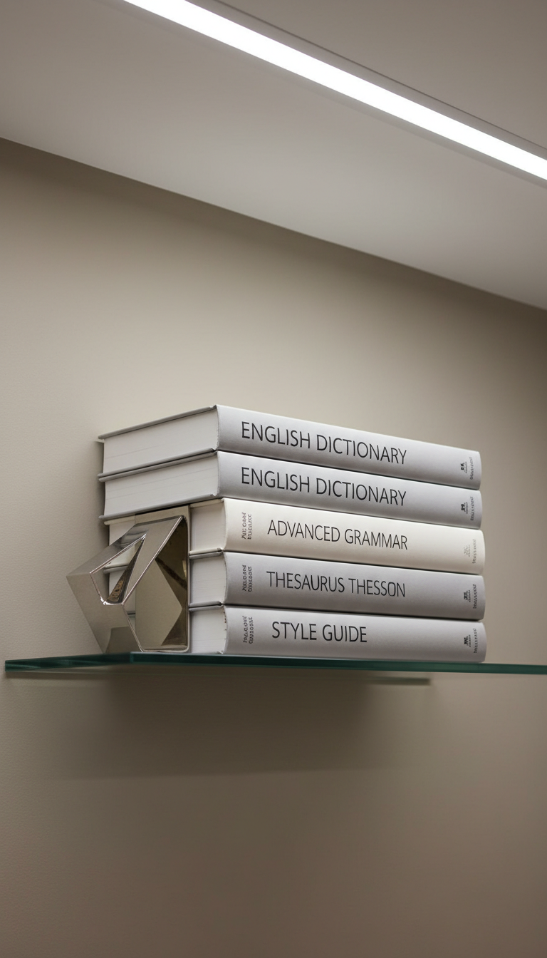 A stack of well-maintained English reference books, including dictionaries and grammar guides with minimalist grey and white spines, arranged symmetrically on a floating glass shelf against a backdrop of a taupe painted wall. To the left, a geometric chrome bookend adds a hint of elegance. The setting is softly illuminated by an overhead LED, creating gentle reflections on the shelf and subtle gradients on the book covers. Photographed from a straightforward, slightly lower angle for a sense of solidity and structure, the composition uses the rule of thirds for visual harmony. The mood is studious and composed, and the photographic style emphasizes crisp lines, corporate neatness, and a professional learning environment.