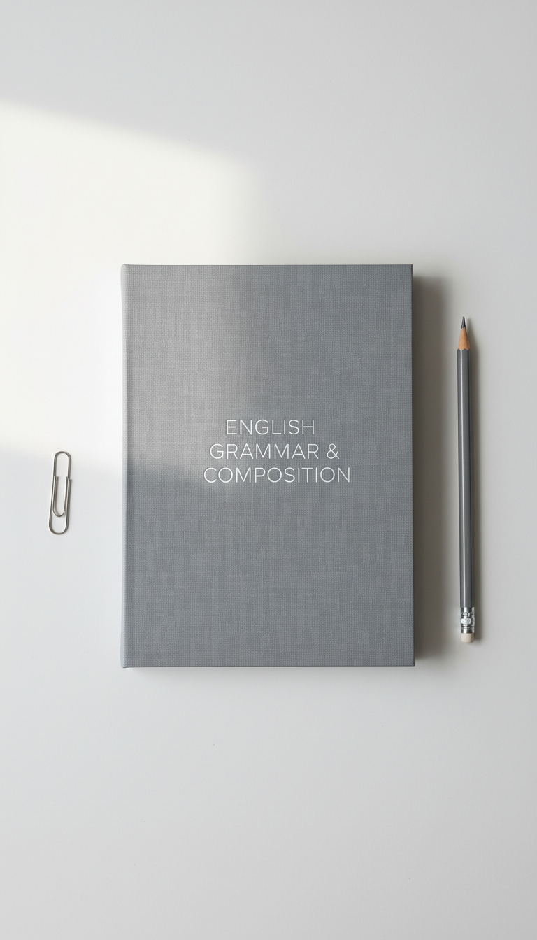 A sleek, closed hardcover English notebook with a subtle cloth texture in cool grey, its embossed title in minimalist silver lettering at the center. The notebook is neatly placed on a spotless white desk, flanked by a precise graphite pencil and an elegant silver paperclip. Soft, indirect daylight enters from the left, gently illuminating the notebook’s surface and creating clean, understated shadows. The composition is centered and uncluttered, shot at a slightly elevated angle to emphasize order and professionalism. The mood is focused and serene, reflecting an organized academic environment. The overall aesthetic is photographic realism with neutral tones, balanced lines, and a structured, corporate feel to convey reliability and clarity for English learners.
