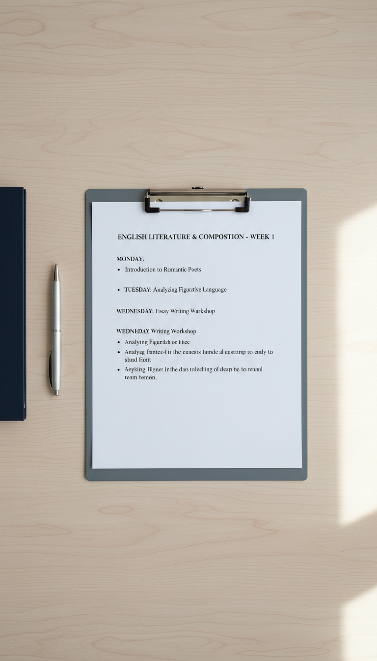 An elegant English lesson plan printout on smooth white paper, with perfectly aligned black text and structured bullet points, resting atop a matte slate-grey clipboard. To the side, a closed navy blue folder and a streamlined silver ballpoint pen are arranged in parallel. The setup is on a pale oak desk surface, beneath diffuse daylight from an unseen window to the right, resulting in a bright, shadow-free image. The shot is taken from directly above, creating an orderly bird’s-eye view that accentuates symmetry and clarity. The photographic, minimalistic style, balanced composition, and neutral palette perfectly capture the polished, professional character of an English educational workspace.